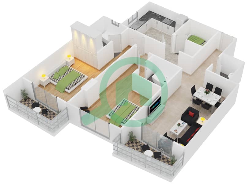 المخططات الطابقية لتصميم النموذج T-7 شقة 2 غرفة نوم - برج أيكون 2 interactive3D