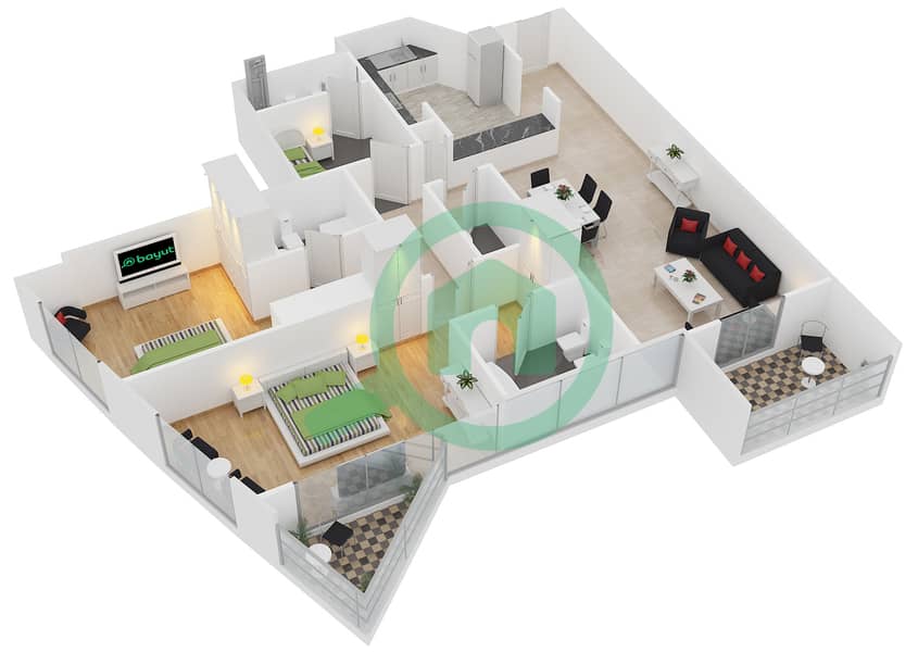 المخططات الطابقية لتصميم النموذج T-8 شقة 2 غرفة نوم - برج أيكون 2 interactive3D