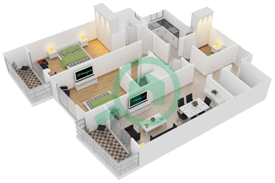 المخططات الطابقية لتصميم النموذج T-10 شقة 2 غرفة نوم - برج أيكون 2 interactive3D