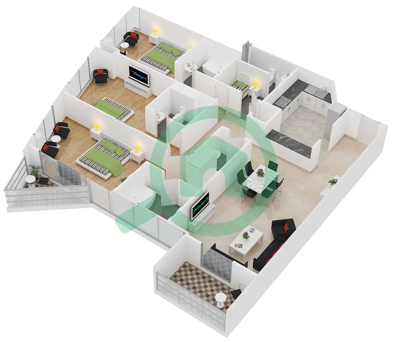 المخططات الطابقية لتصميم النموذج T-12 شقة 3 غرف نوم - برج أيكون 2 interactive3D