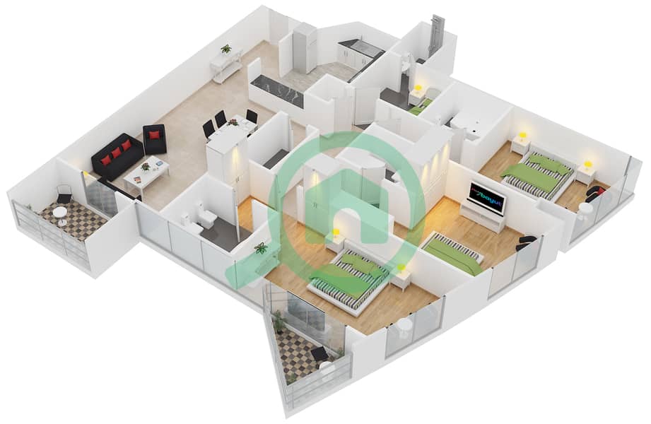 标志2号大厦 - 3 卧室公寓类型T-13戶型图 interactive3D