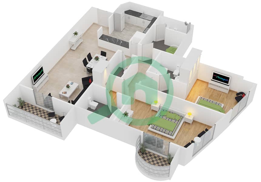 المخططات الطابقية لتصميم النموذج T-A2 شقة 2 غرفة نوم - برج أيكون 2 interactive3D