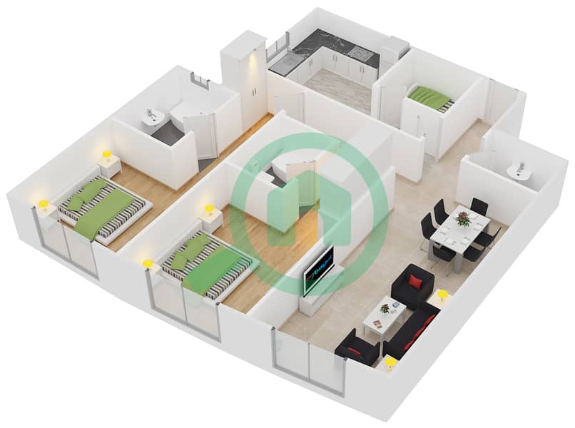 المخططات الطابقية لتصميم النموذج C2 شقة 2 غرفة نوم - برج أيكون 2 interactive3D