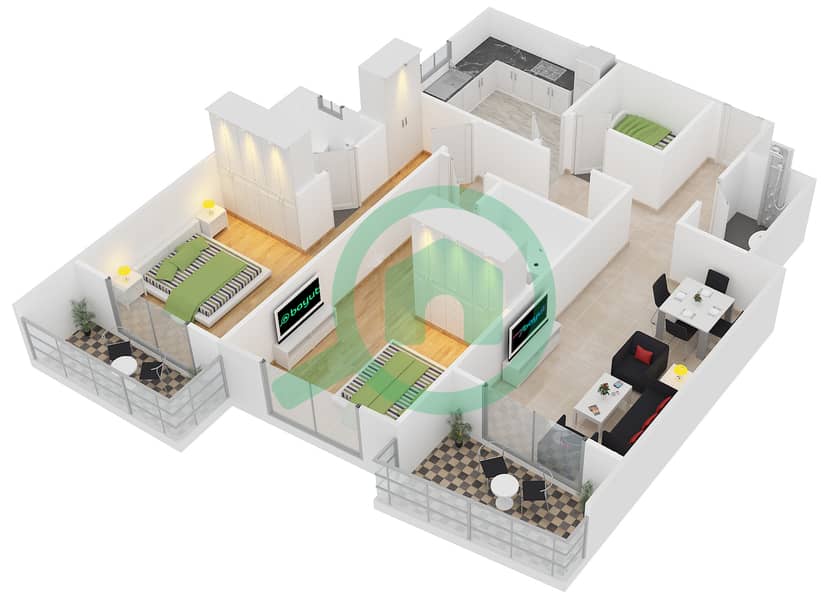 المخططات الطابقية لتصميم النموذج T-C-2 شقة 2 غرفة نوم - برج أيكون 2 interactive3D