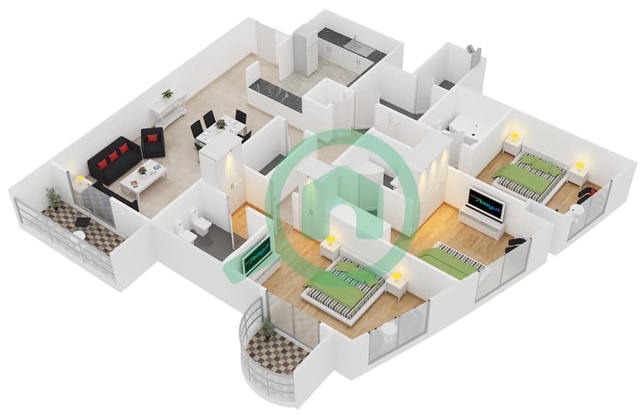 المخططات الطابقية لتصميم النموذج T-A3 شقة 3 غرف نوم - برج أيكون 2 interactive3D