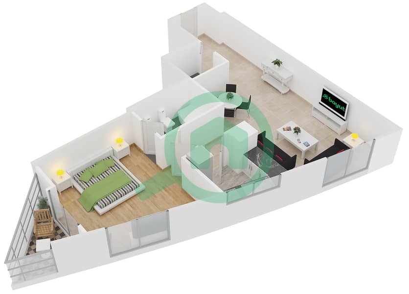المخططات الطابقية لتصميم النموذج D-12 شقة 1 غرفة نوم - برج أيكون 1 interactive3D