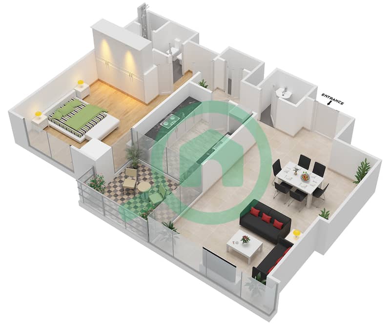 Лива Хайтс - Апартамент 1 Спальня планировка Тип A interactive3D