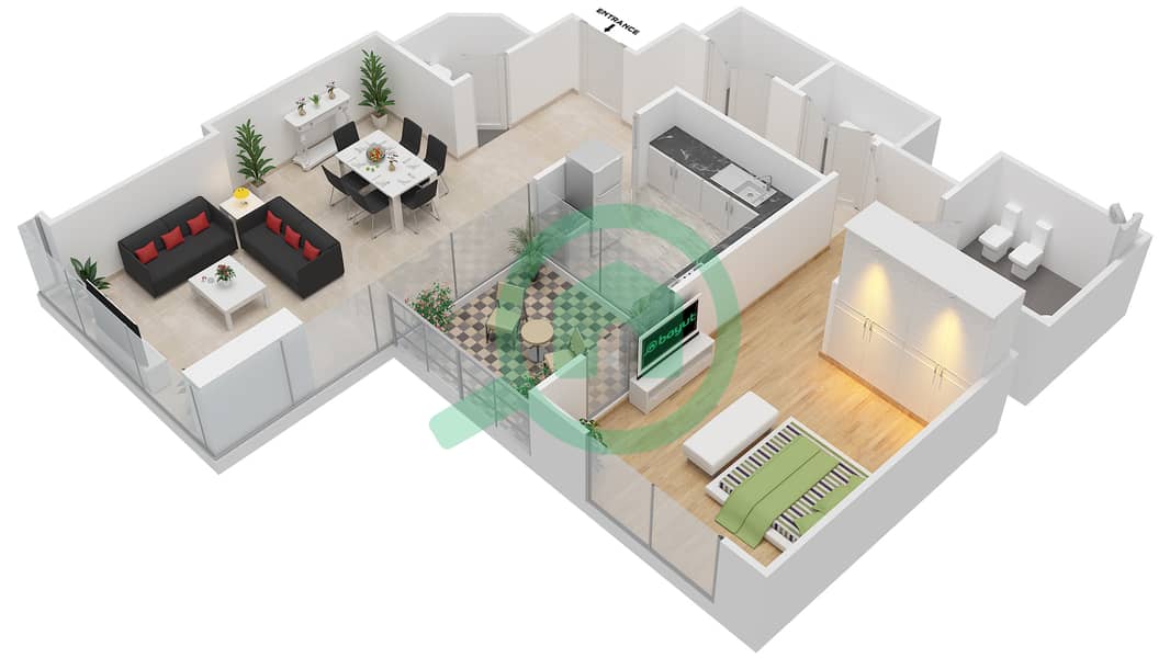 المخططات الطابقية لتصميم النموذج C شقة 1 غرفة نوم - مرتفعات ليوا interactive3D