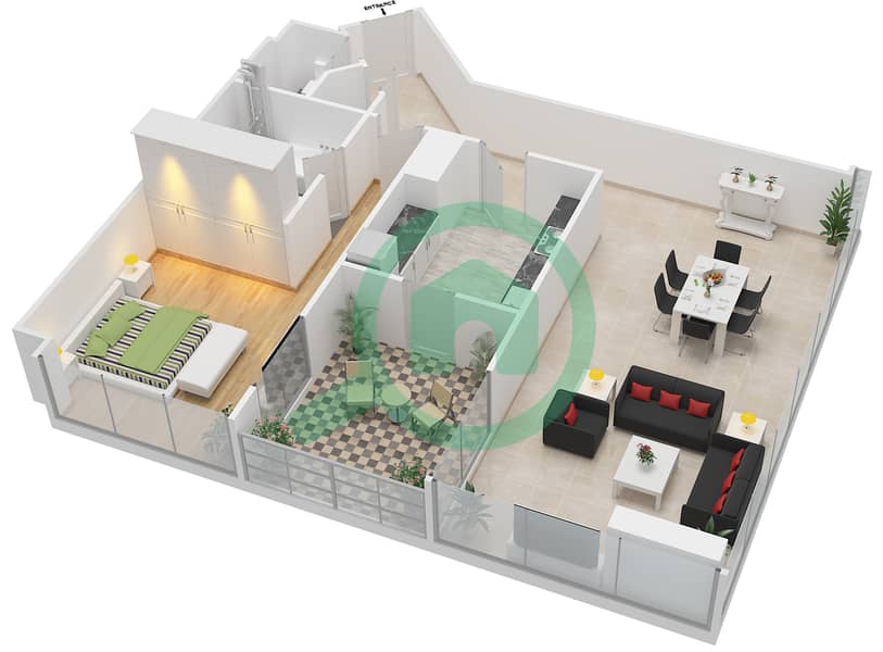 Liwa Heights - 1 Bedroom Apartment Type B Floor plan interactive3D