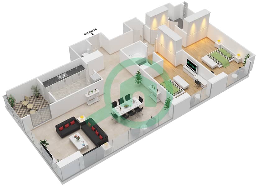 Лива Хайтс - Апартамент 2 Cпальни планировка Тип A interactive3D