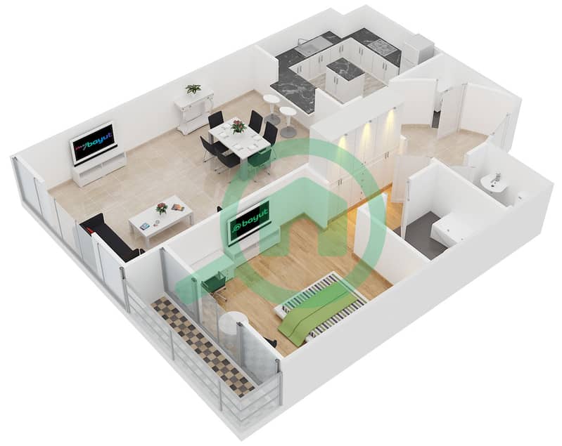 المخططات الطابقية لتصميم النموذج A شقة 1 غرفة نوم - برج مدينة interactive3D
