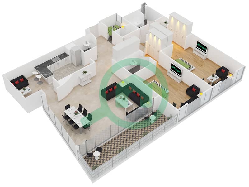 المخططات الطابقية لتصميم النموذج B شقة 2 غرفة نوم - برج مدينة interactive3D