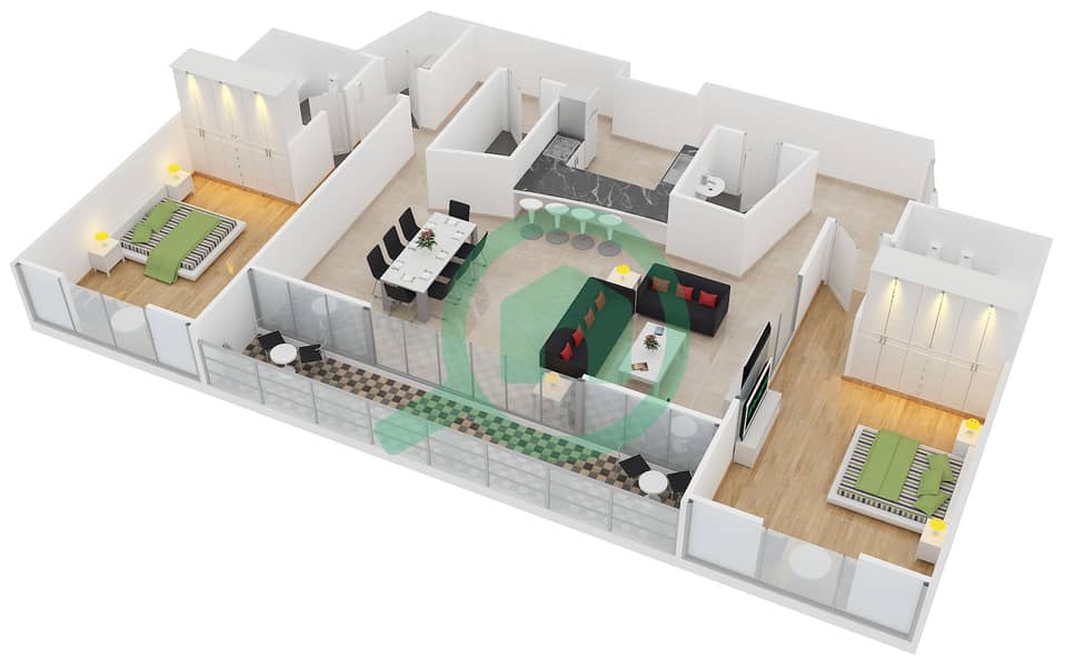 المخططات الطابقية لتصميم النموذج D شقة 2 غرفة نوم - برج مدينة interactive3D