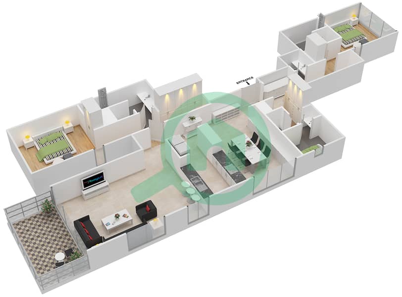 المخططات الطابقية لتصميم الوحدة 3 SERIES NORTH شقة 2 غرفة نوم - مربعة ريزيدنس interactive3D