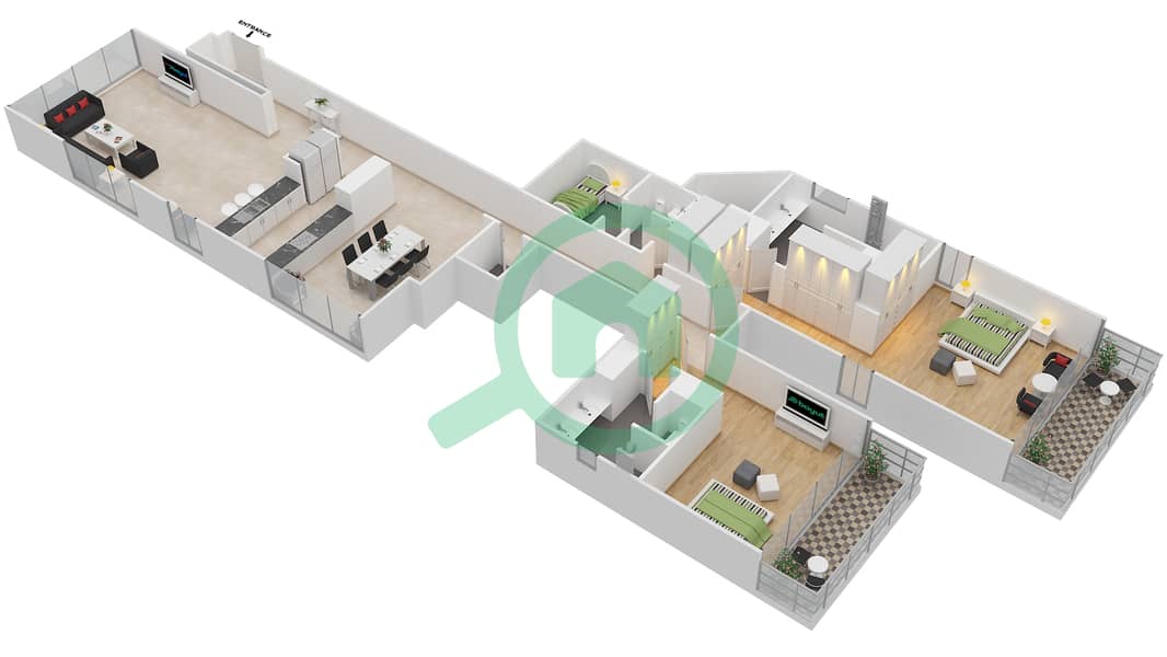 المخططات الطابقية لتصميم النموذج 1 NORTH شقة 2 غرفة نوم - مربعة ريزيدنس interactive3D