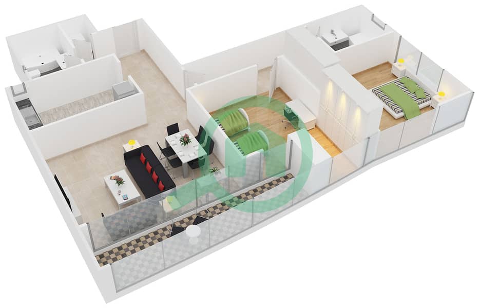 V3大厦 - 2 卧室公寓类型1戶型图 interactive3D