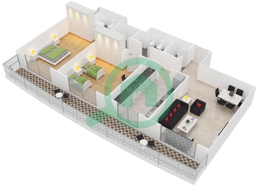 V3 Тауэр - Апартамент 2 Cпальни планировка Тип 2 interactive3D