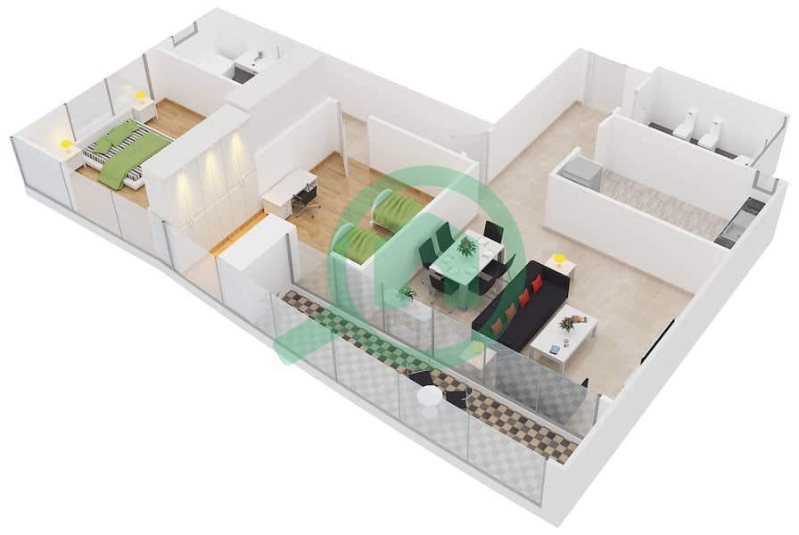 المخططات الطابقية لتصميم النموذج 3 شقة 2 غرفة نوم - برج V3 interactive3D
