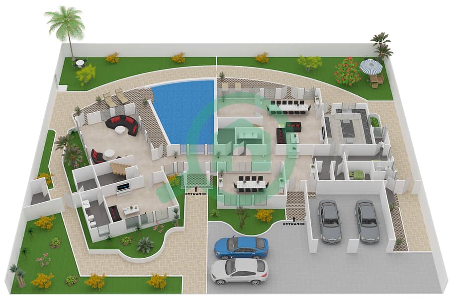 Signature Villas Frond P - 5 Bedroom Villa Type CENTRAL POOL CONTEMPORARY Floor plan interactive3D
