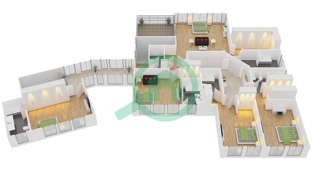Signature Villas Frond P - 5 Bedroom Villa Type CENTRAL POOL CONTEMPORARY Floor plan interactive3D