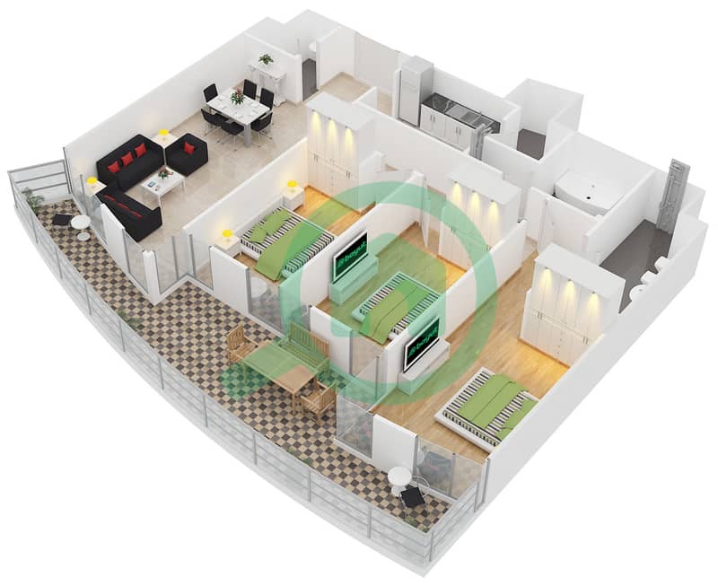 المخططات الطابقية لتصميم النموذج 3E-1 شقة 3 غرف نوم - ليك تراس interactive3D