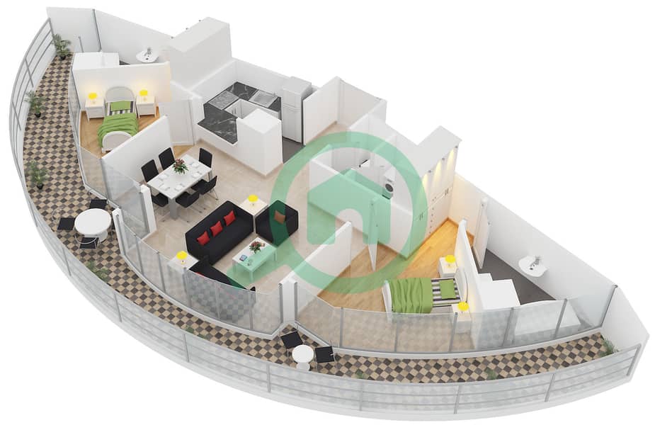المخططات الطابقية لتصميم النموذج B شقة 2 غرفة نوم - ليك تراس interactive3D