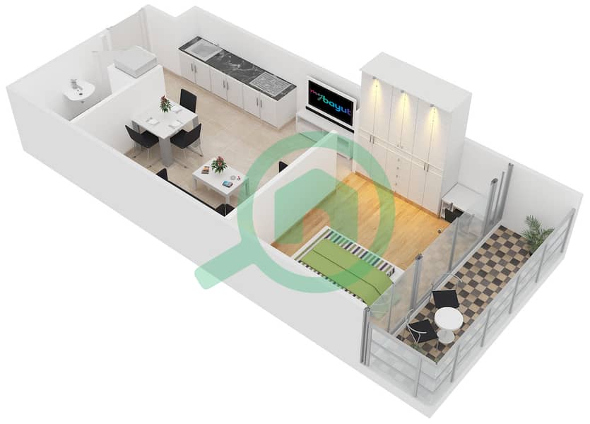 المخططات الطابقية لتصميم النموذج C شقة 1 غرفة نوم - ليك تراس interactive3D