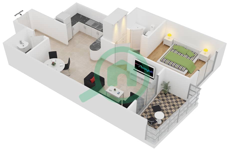 المخططات الطابقية لتصميم النموذج B1-5 شقة 1 غرفة نوم - برج أيكون 2 interactive3D