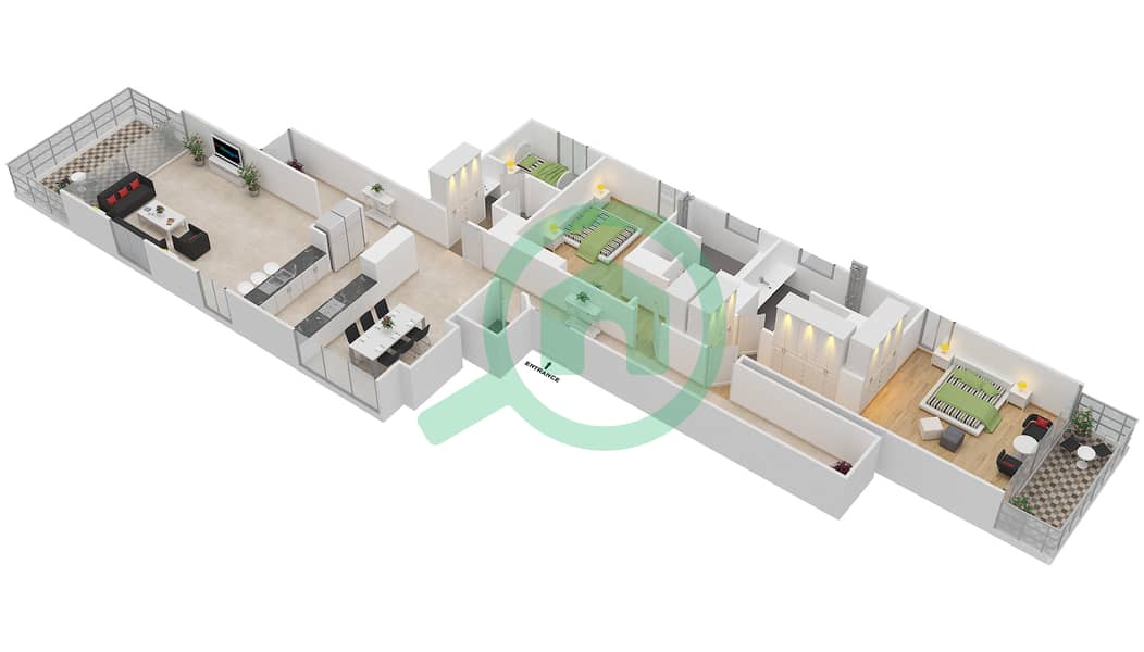 المخططات الطابقية لتصميم الوحدة 2 NORTH شقة 2 غرفة نوم - مربعة ريزيدنس interactive3D