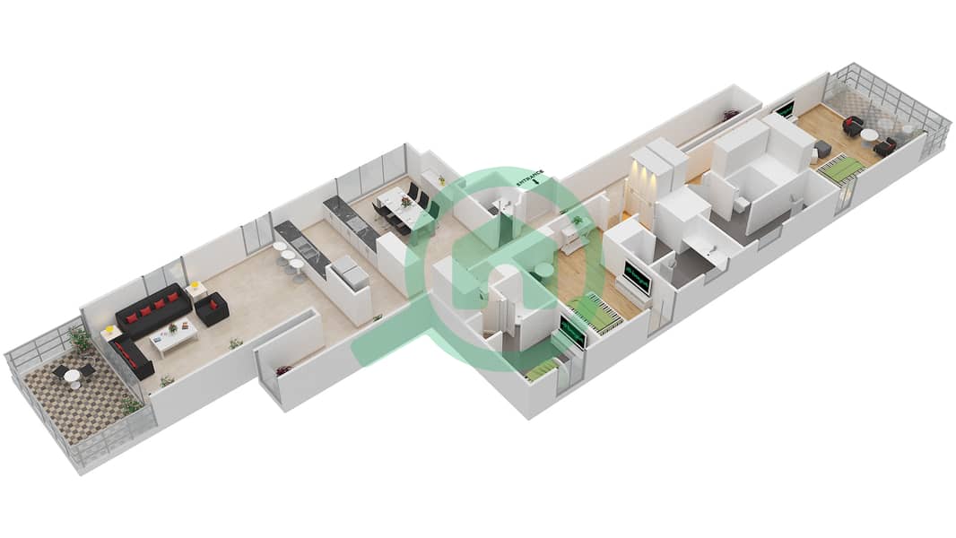 Мураба Резиденс - Апартамент 2 Cпальни планировка Тип 3 SOUTH interactive3D