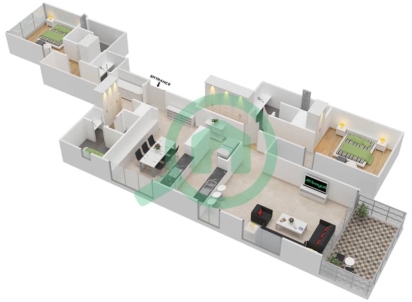 المخططات الطابقية لتصميم النموذج 4 SERIES SOUTH شقة 2 غرفة نوم - مربعة ريزيدنس interactive3D