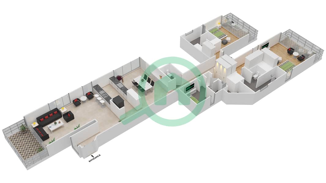 المخططات الطابقية لتصميم النموذج 4 SOUTH شقة 2 غرفة نوم - مربعة ريزيدنس interactive3D