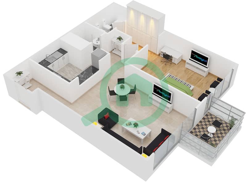 المخططات الطابقية لتصميم الوحدة 1 شقة 1 غرفة نوم - ذا بالاديوم interactive3D