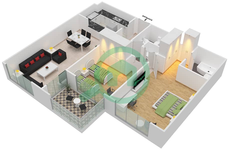 守护神大厦 - 2 卧室公寓单位3,8戶型图 interactive3D