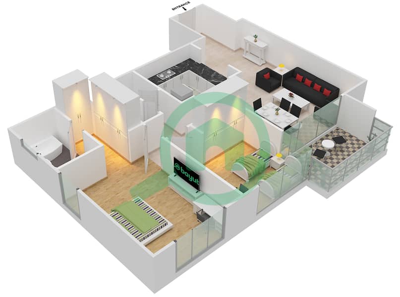 المخططات الطابقية لتصميم الوحدة 2,7 شقة 2 غرفة نوم - ذا بالاديوم interactive3D