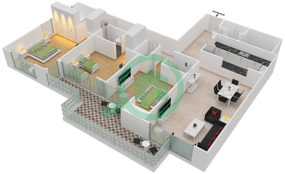 守护神大厦 - 3 卧室公寓单位1,5戶型图 interactive3D