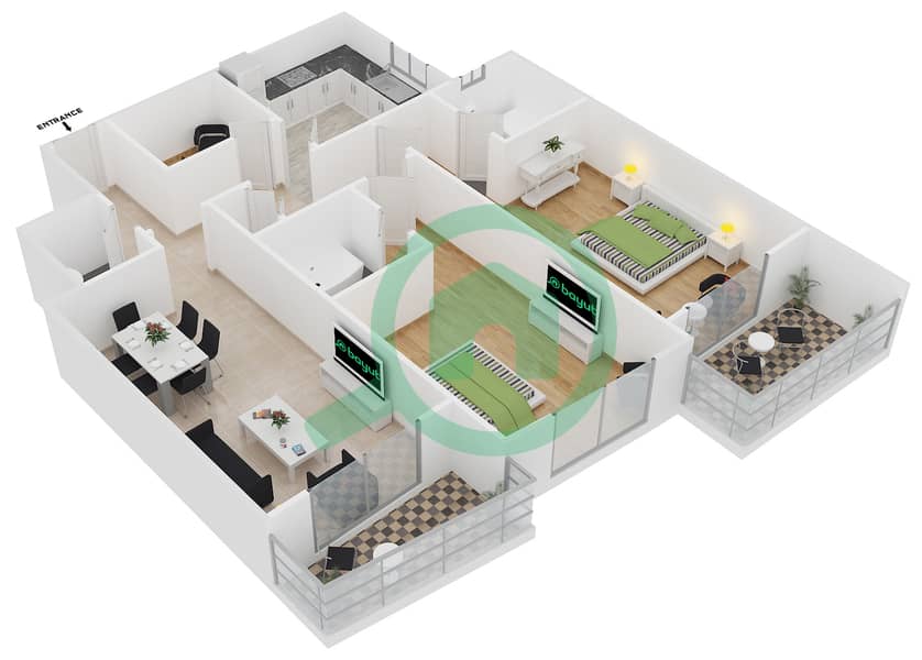 المخططات الطابقية لتصميم النموذج T-11 شقة 2 غرفة نوم - برج أيكون 2 interactive3D
