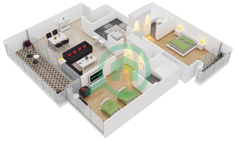 المخططات الطابقية لتصميم الوحدة 11A شقة 2 غرفة نوم - برج أفانتي interactive3D