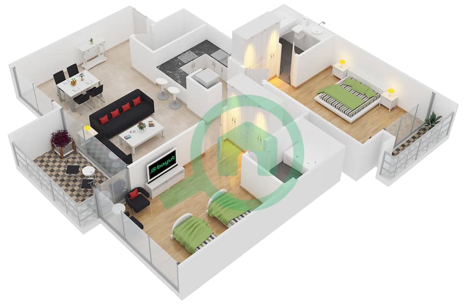 المخططات الطابقية لتصميم الوحدة 11 شقة 2 غرفة نوم - برج أفانتي interactive3D