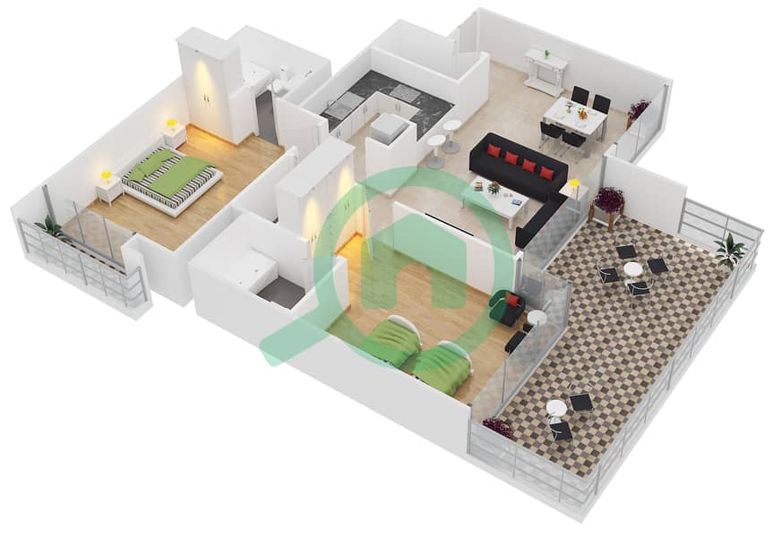 المخططات الطابقية لتصميم الوحدة 1B شقة 2 غرفة نوم - برج أفانتي interactive3D