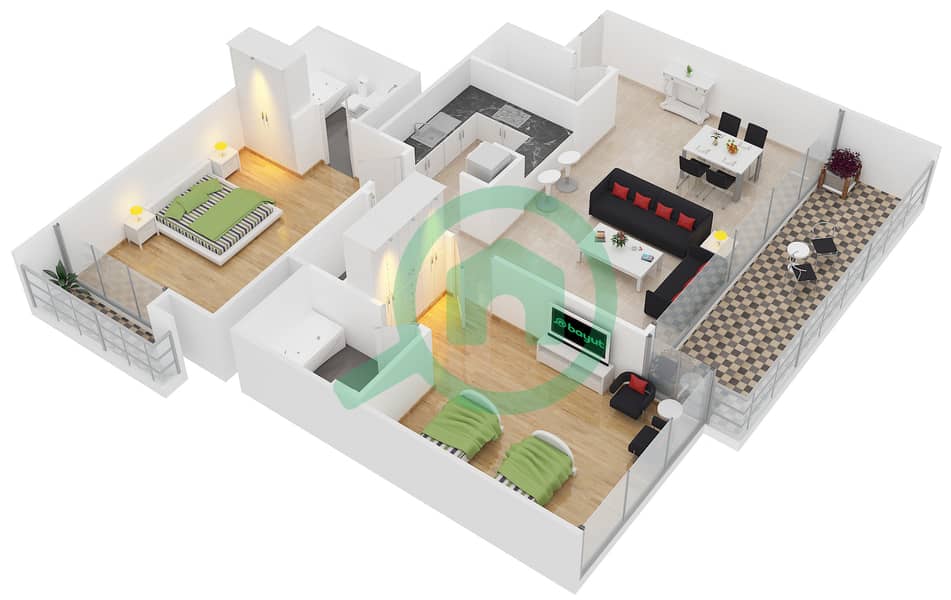 المخططات الطابقية لتصميم الوحدة 1A شقة 2 غرفة نوم - برج أفانتي interactive3D