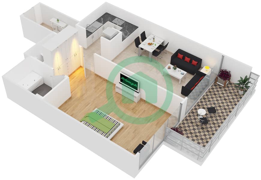 المخططات الطابقية لتصميم الوحدة 10 شقة 1 غرفة نوم - برج أفانتي interactive3D