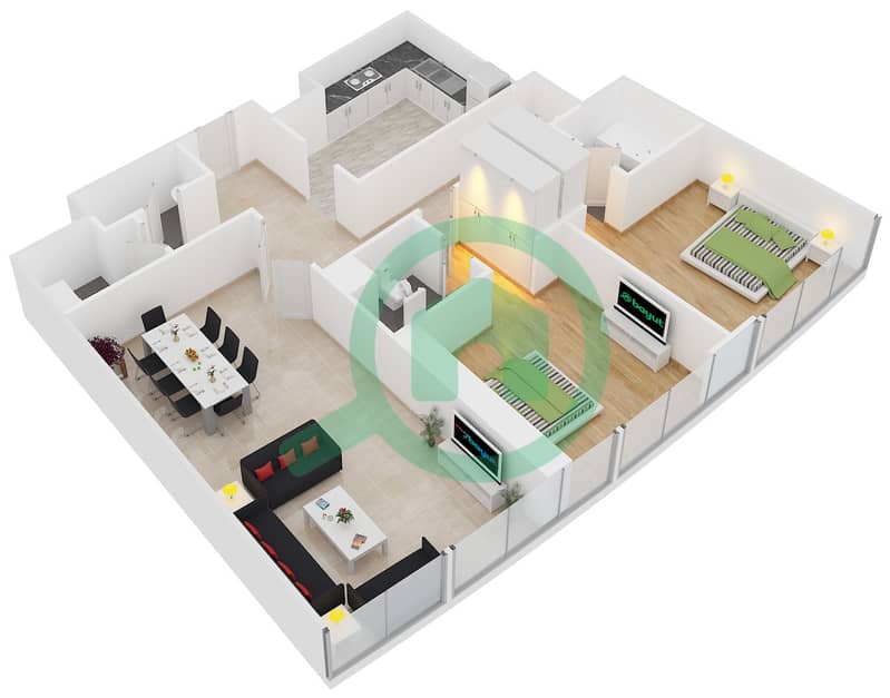 马格214塔 - 2 卧室公寓类型2戶型图 interactive3D