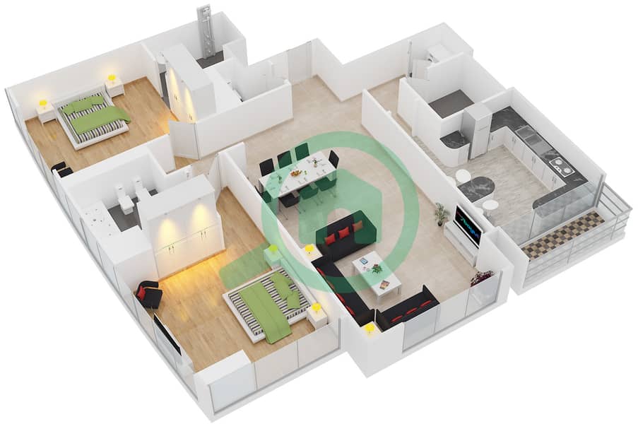 المخططات الطابقية لتصميم النموذج 3 شقة 2 غرفة نوم - برج ماج 214 interactive3D