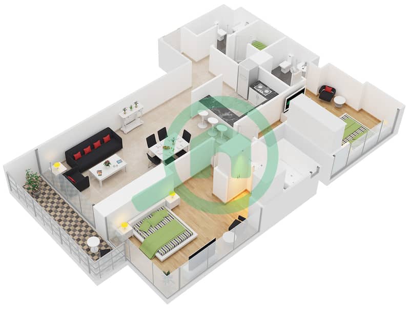 MBL公寓 - 2 卧室公寓类型A戶型图 interactive3D