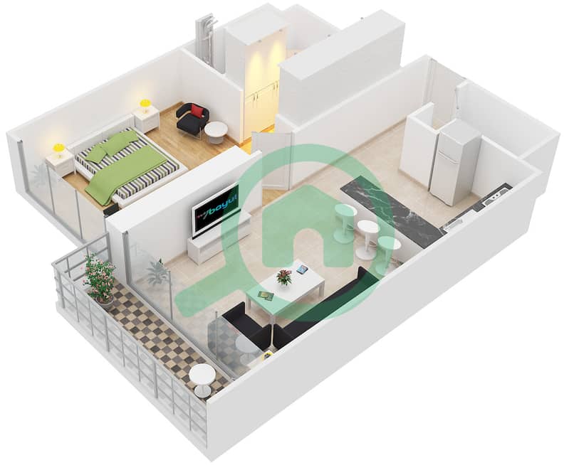 المخططات الطابقية لتصميم النموذج A شقة 1 غرفة نوم - ام بي ال ريزيدنسز interactive3D