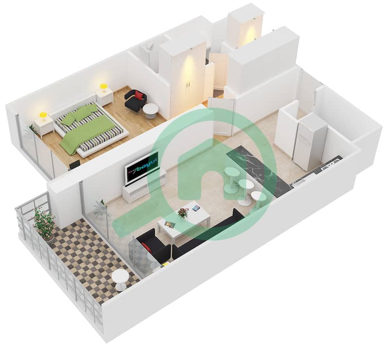 المخططات الطابقية لتصميم النموذج B شقة 1 غرفة نوم - ام بي ال ريزيدنسز interactive3D