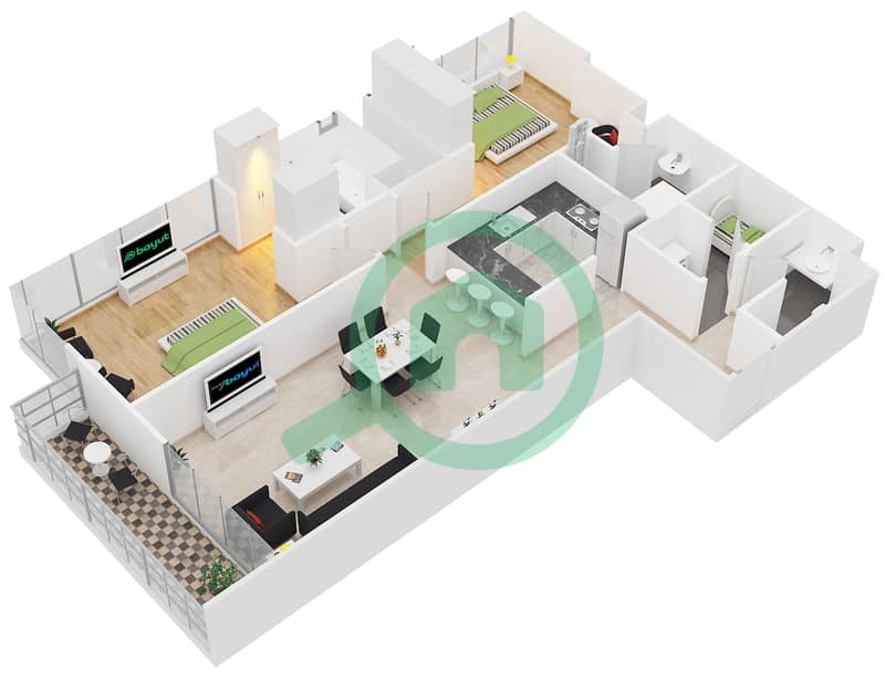 المخططات الطابقية لتصميم النموذج B شقة 2 غرفة نوم - ام بي ال ريزيدنسز interactive3D