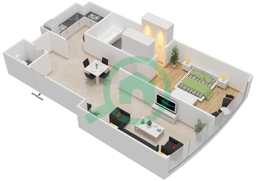 المخططات الطابقية لتصميم النموذج A شقة 1 غرفة نوم - برج الرياح 2 interactive3D