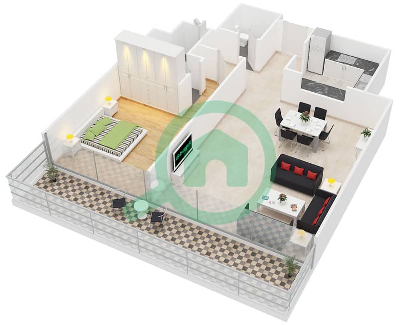المخططات الطابقية لتصميم النموذج BR-2 شقة 1 غرفة نوم - باي سكوير 1 interactive3D
